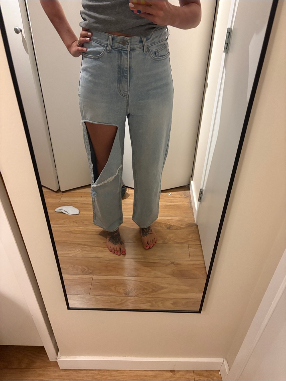 OAK + FORT Light Blue Distressed Straight Leg Jeans